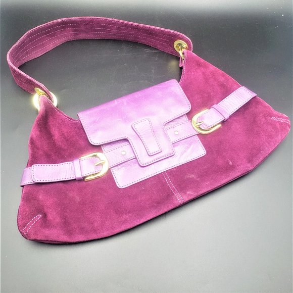 Purple Suede Shoulder Bag Large brass Accents17" strap - Picture 4 of 10